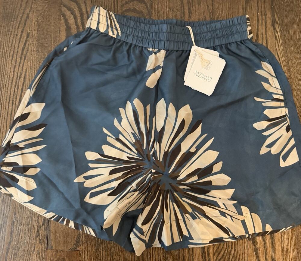 Brunello Cuchinelli 100% Silk Blue Floral Shorts Pull On Elastic Waist XXS NWT